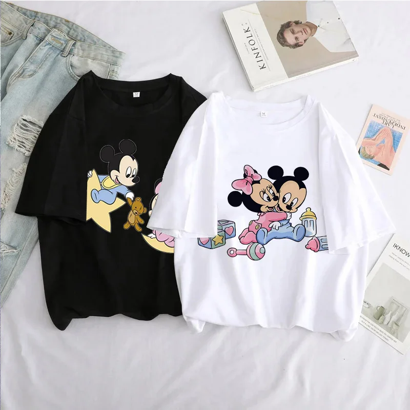 

Disney Mickey Minnie Cartoon T Shirt Women O-neck Casual Black Female Short Sleeve Tees Summer Tops ​All-match Cute Girl Clothe