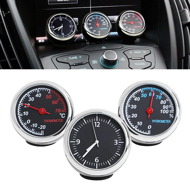 

3Pcs Car 4cm Quartz Hygrometer Time Clock Temperature Thermometer Moisture Meter