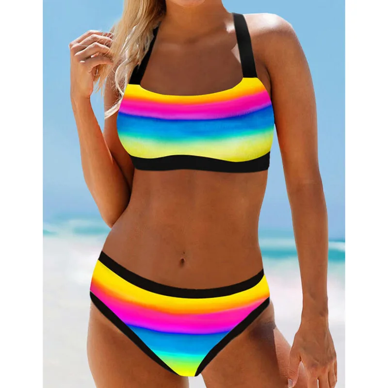 Rainbow Striped Sexy Swimsuits Push Up Bikini Female Swimwear Beach Wear Bikinis Women's Swimming Bathing Suit Ropa Mujer