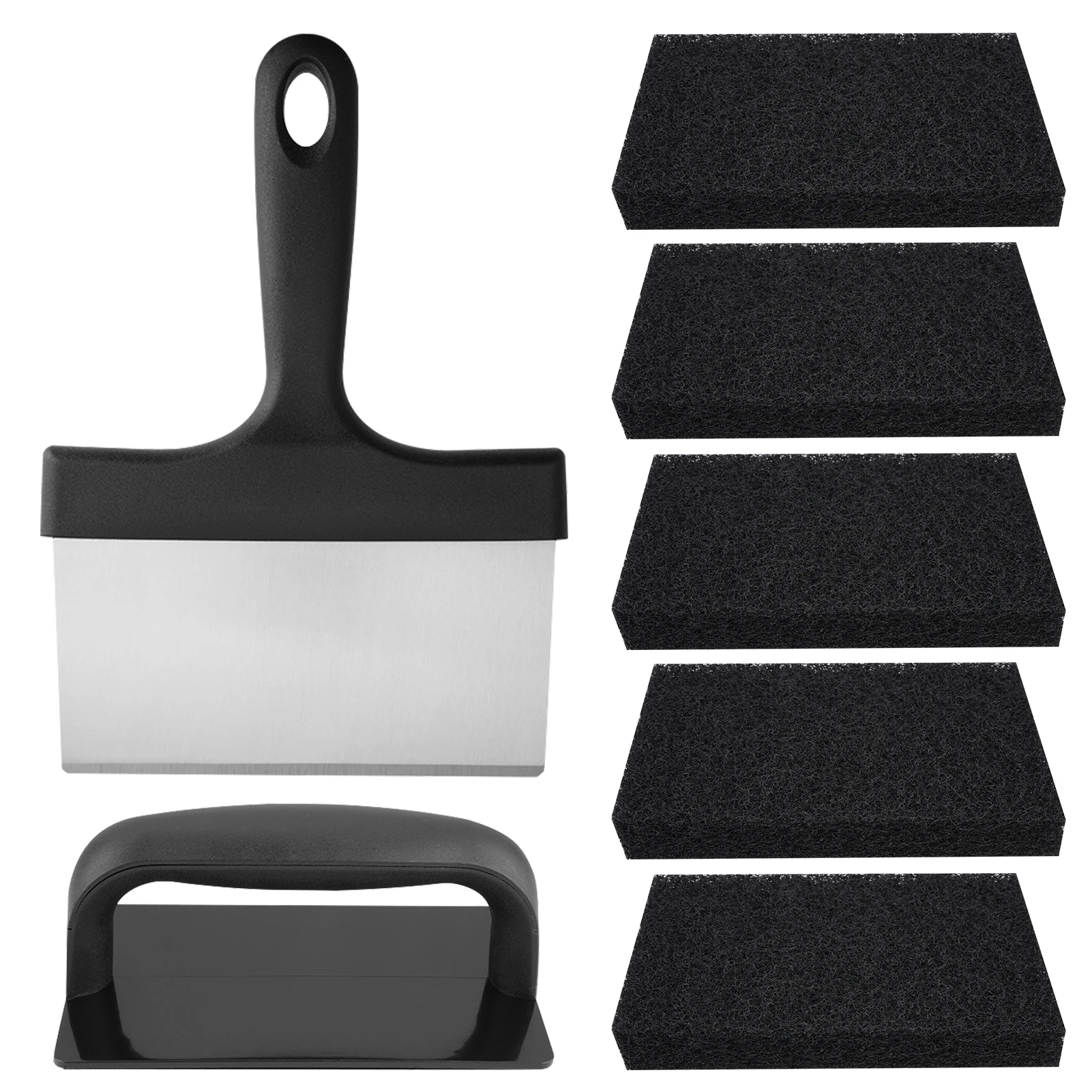 

7pcs Plastic Handle Scouring Pad BBQ Restaurant Ergonomic Home Kitchen Tool Griddle Cleaning Kit With Scraper Grill Reusable
