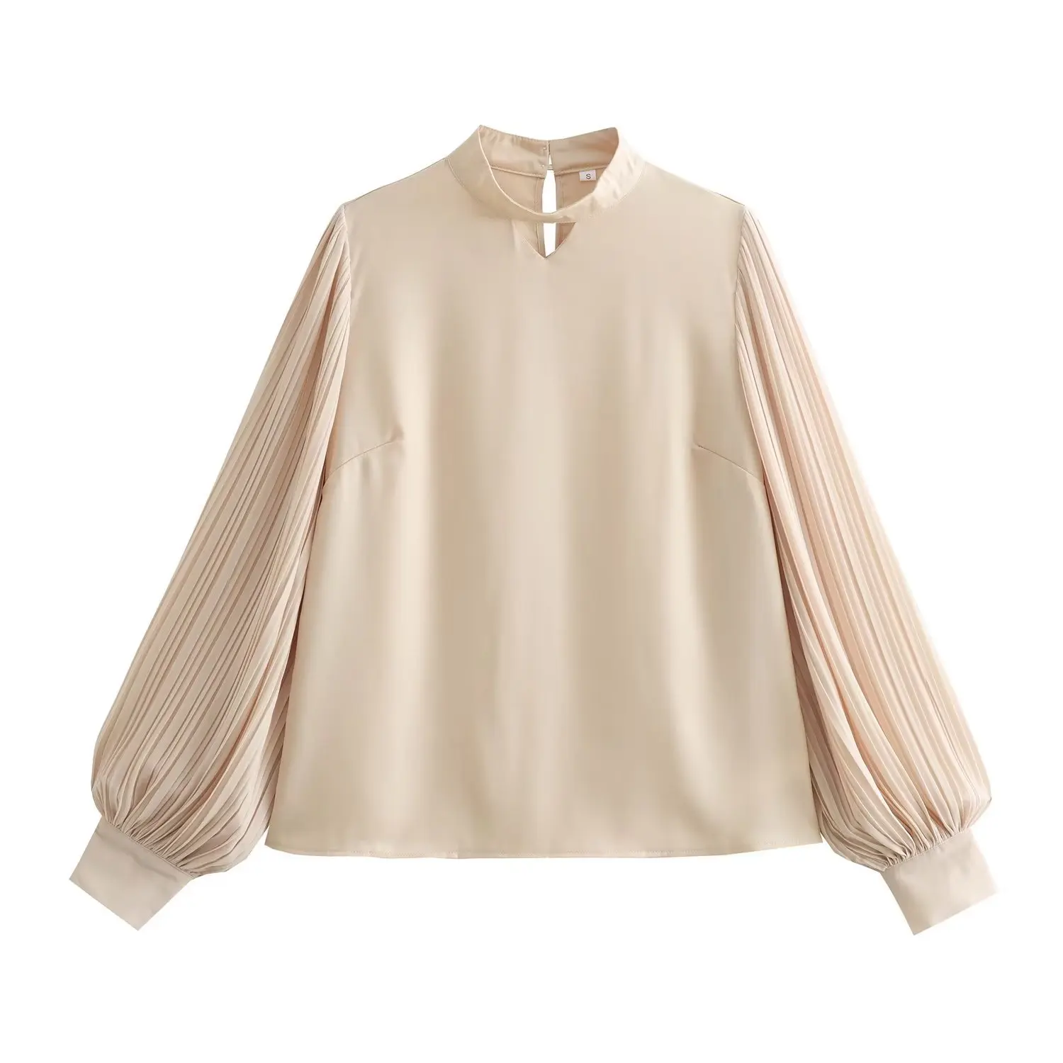 

Spring Autumn Women Loose Standing Neck Top with Pleated Lantern Sleeves Double Pair Casual Top Soft Elegant Meat Color Shirt