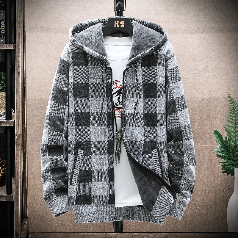 

Plaid Men's Clothing Fall/winter Warm Cardigan Jacket Hooded Sweater Knitted Sleeve Long New Sweater Male Printed Fleece Coat