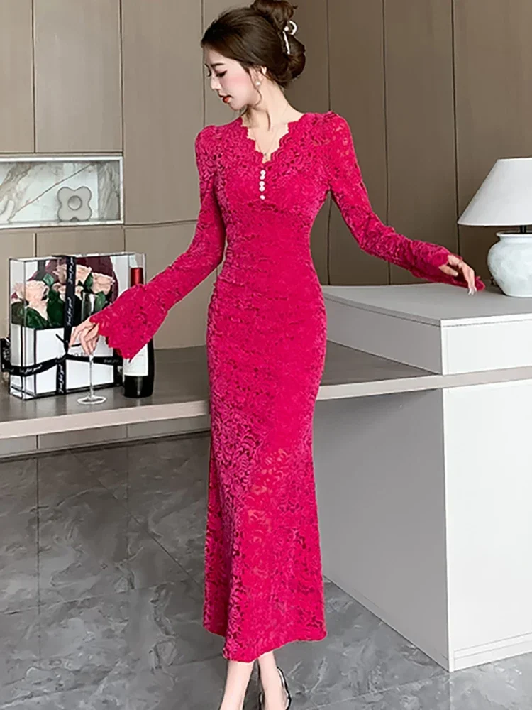 2024 Новое розовое кружевное платье с цветочным крючком шикарное длинное женское