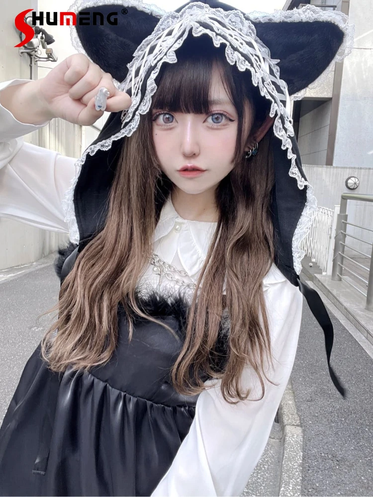 

Japanese Sweet Cat Ears Furry Lace Edge Hats for Women 2023 Winter New Cute Cool Mine Series Belt-Loop Bow Clothing Accessories