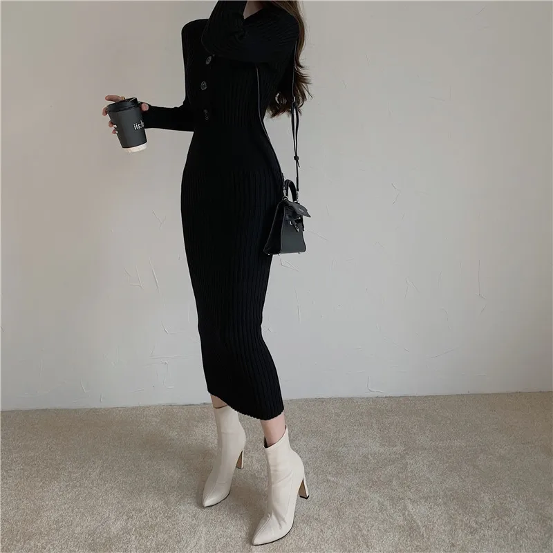 

Winter Button V Neck Sweater Midi Woman Dress Vintage Knitted Sweater Long Sleeve Dresses Women Slim Bodycon Korean Elegant Fall