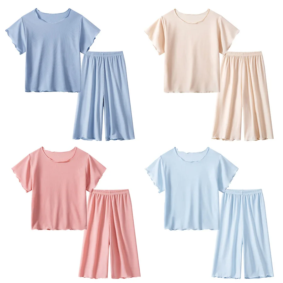 

Пижамный комплект из 2 предметов для детей 2-14 лет, однотонный комплект из модала, хлопка и кружева, дышащая одежда с коротким рукавом для род...