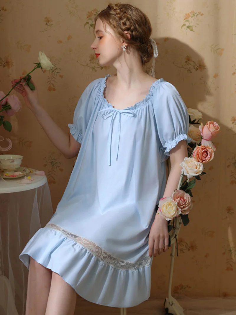 Women Princess Nightdress Cotton Ruffles Sexy Sleepwear Vintage Victorian Nightgowns Sweet Girls Lace Fairy Pajamas Homewear