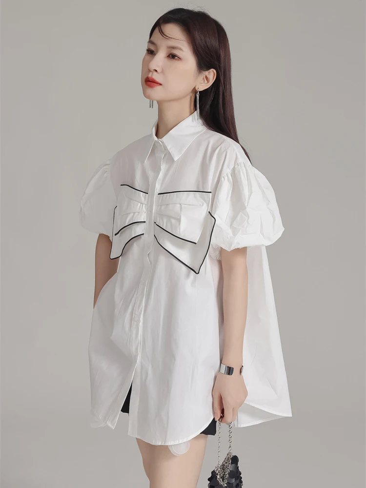 [EAM] Женская белая элегантная блузка с большим бантом большого размера новая