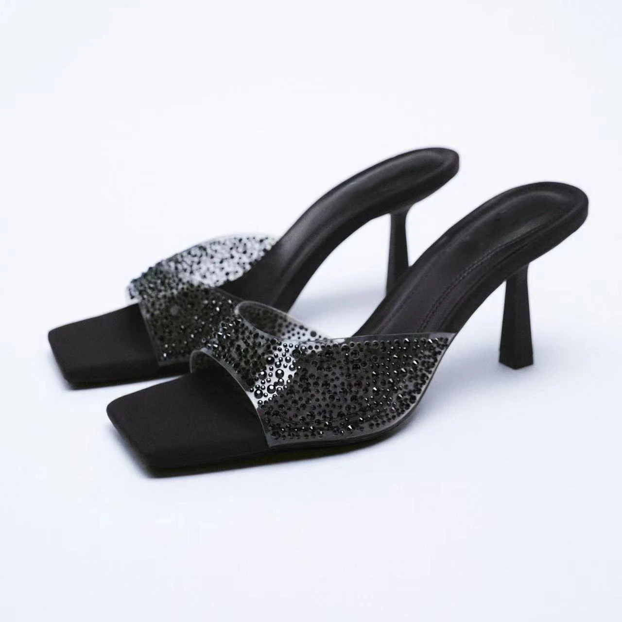 

TRAF 2023 Woman's Rhinestones High Sandals Silver Square Toes Stiletto Slipper Fashion Party Black Slingbaccks Bling Heels Women