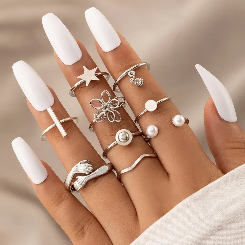 

Fashion Flower Star Hug Ring Set for Women Gold Color Finger Jewelry Heart Butterfly Moon Pearl Crystal Metal Boho Knuckle Gift