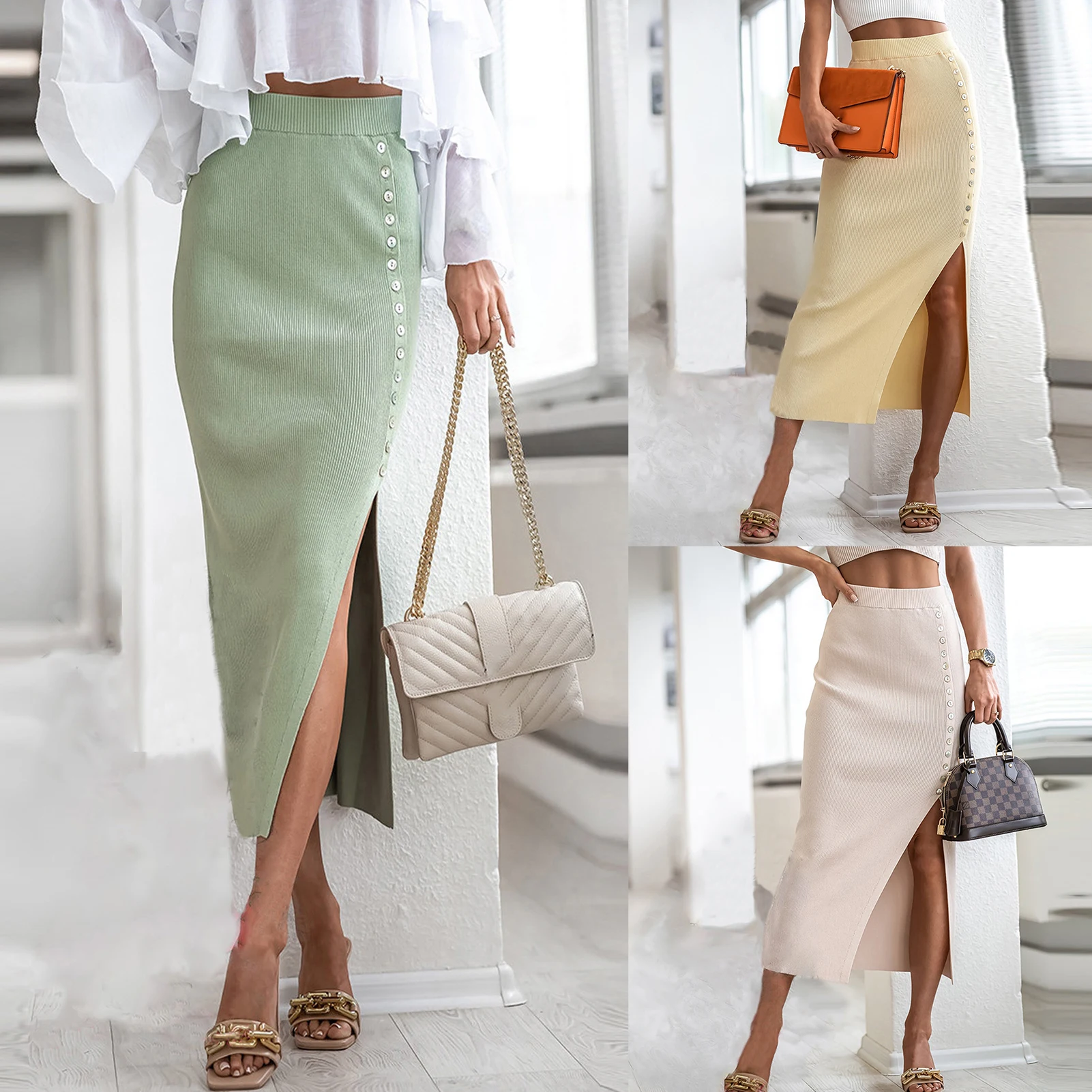 

High Waisted Skirt Asymmetrical Elegant Style Women Casual Skirt Side Slit Ladies Solid Color Slim Fit Office Work Suit faldas