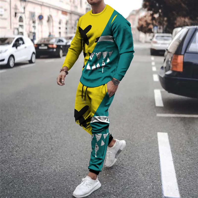 Tracksuit Set Men's Clothing 2 Pcs Summer Sports Suit 3d Print Smiley Casual Men Sets Outfits Long Sleeves T-shirt+Pants Male