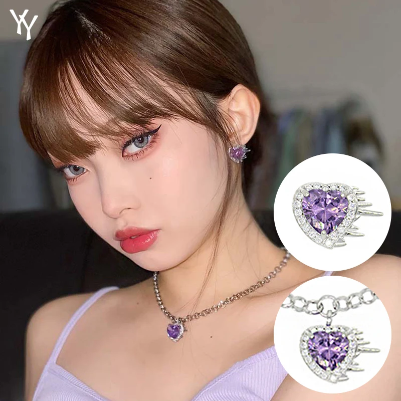 

2022 New Love Shape Necklace Women's Fashion Purple Inlaid Zircon Clavicle Chain Earrings Girl Jewelry Set