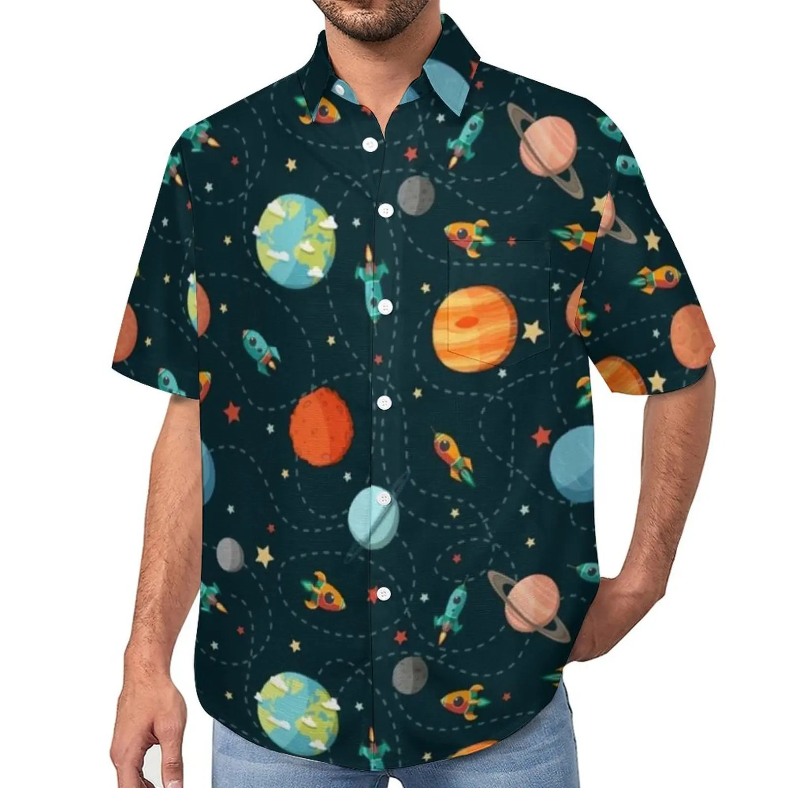 

Cartoon Sky Print Blouses Mens Space Adventure Casual Shirts Hawaii Short-Sleeve Printed Vintage Oversized Beach Shirt Gift Idea