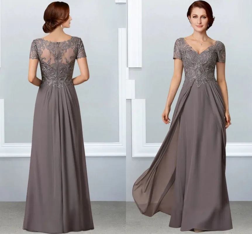 

Платье ТРАПЕЦИЕВИДНОЕ для матери невесты, модель 2023 года, элегантное шифоновое кружевное платье в пол с V-образным вырезом и коротким рукавом, фото