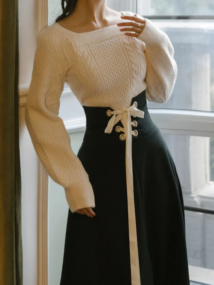 Fall Women Long Sleeve Two Piece Set Vintage White Sweater + Black Bandage Maxi Long Skirt Suit New Winter Elegant Lady Outfits