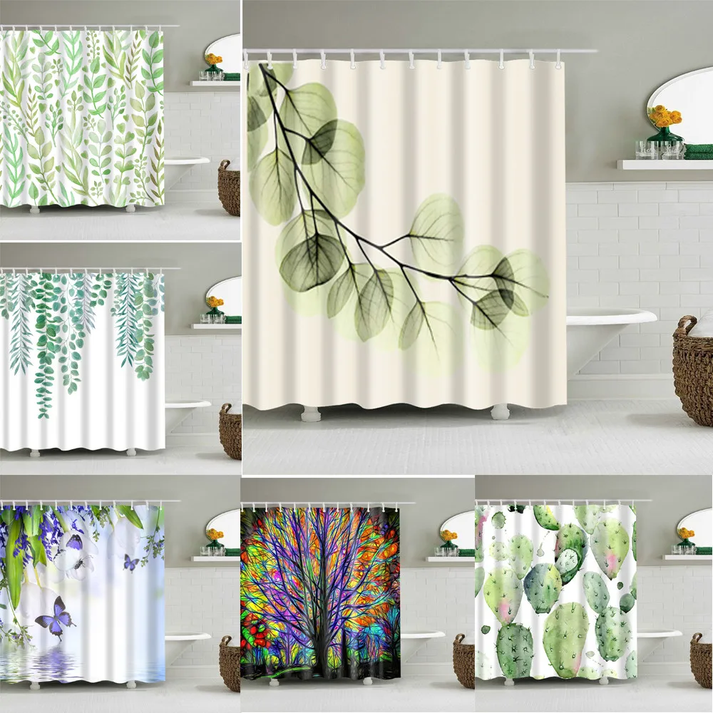 

Plant leaf bathroom shower curtain waterproof hook hanging curtain shower screen decoration flower tree print shower curtain