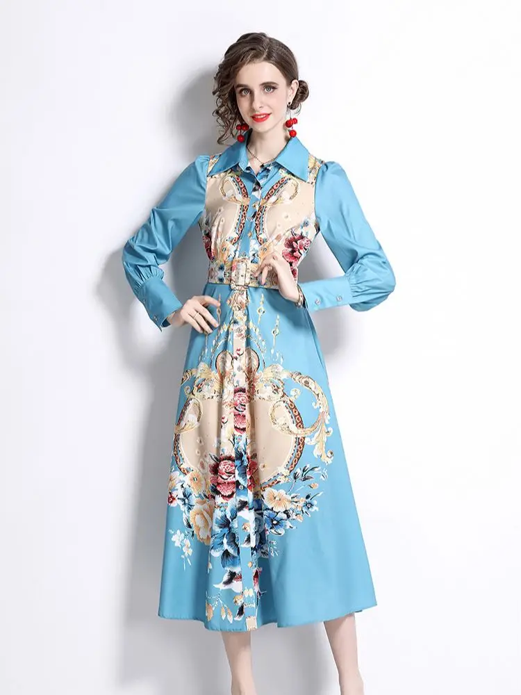 

Banulin 2022 Spring Fashion Runway Long Sleeve Dress Women's Turn Down Neck Single Breasted Floral Print Sashes Party Vestidos
