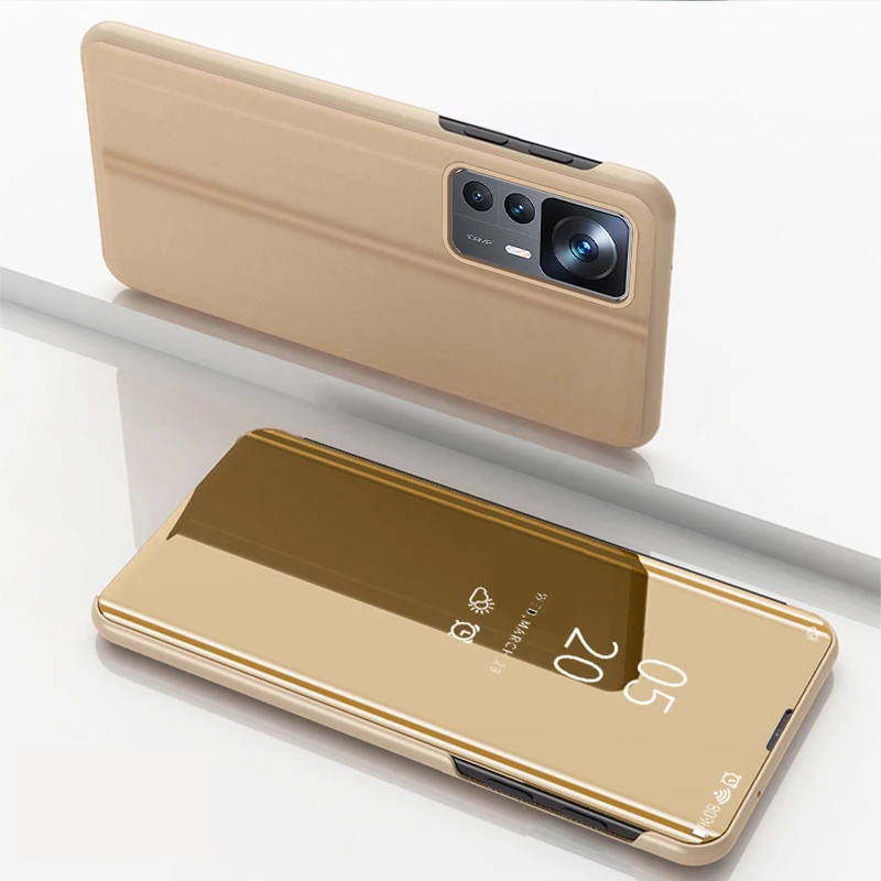 Xiaomi Mi 12T Pro Etui Mirror Plating View Window Skórzane etui do Xiaomi12T 5G Wstrząsoodporna twarda osłona