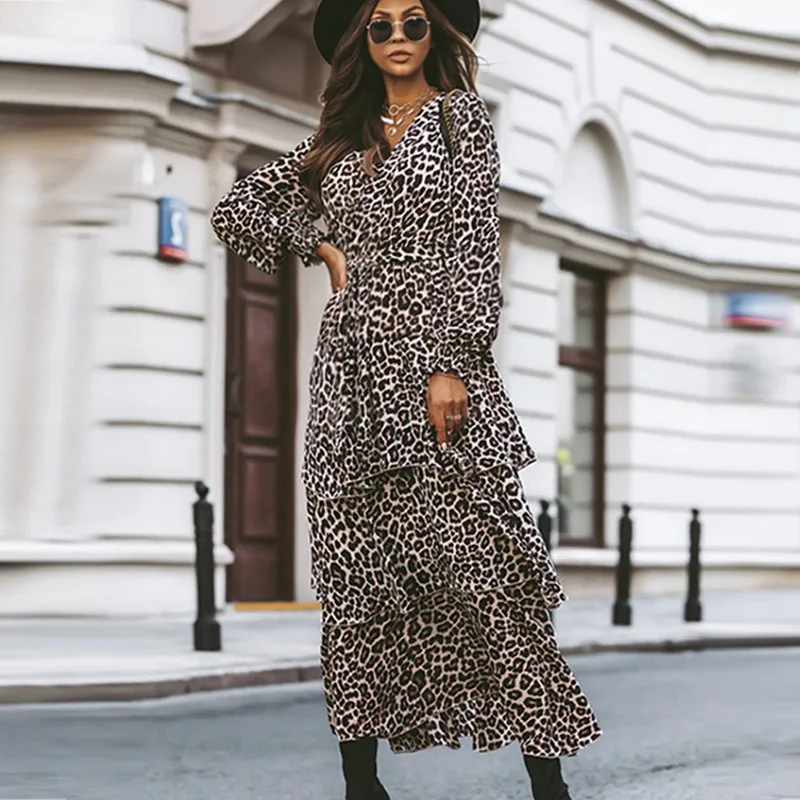 

New 2023 Elegant Leopard Print Long Party Dress High Street Fashion Ladies V-neck Long Sleeve High Waist Tunics Layered Dresses