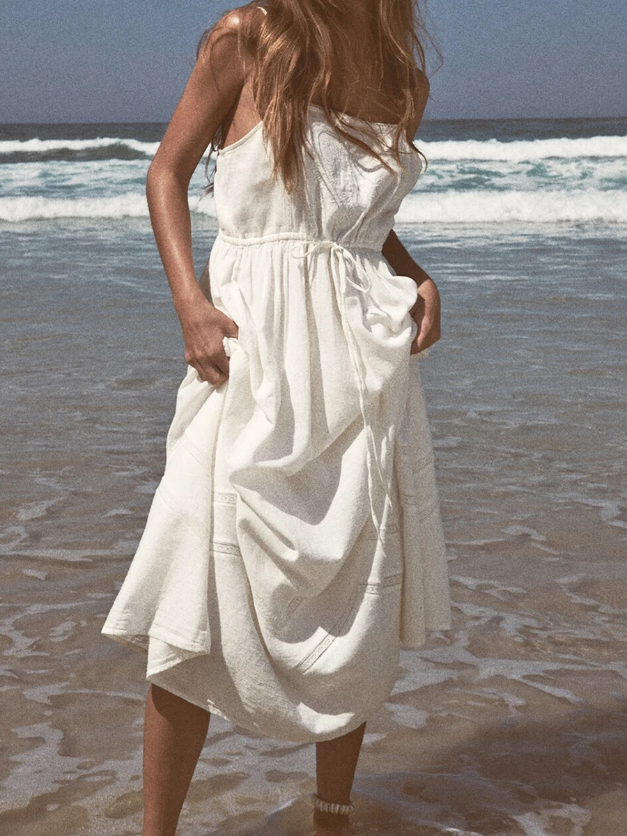 

Платье-макси с цветочной вышивкой и кулиской, летнее кружевное лоскутное свободное платье без бретелек, Женские Простые пляжные праздничные платья белого цвета