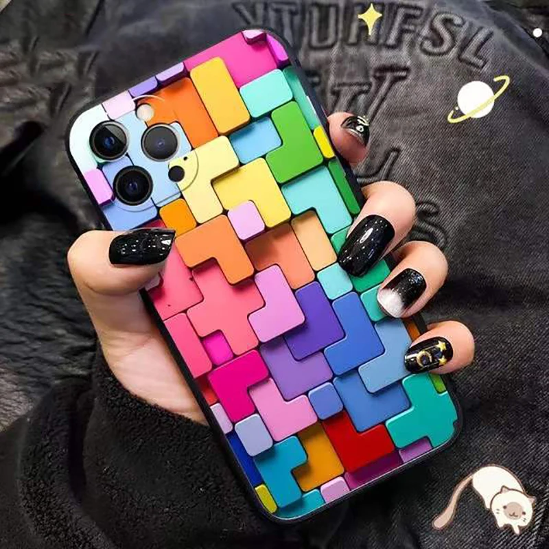 

Phone Case For iPhone 13 12 11 Pro Max Mini X XS XS Max XR 7 8 SE 2020 6 6S Plus 3D Colorful Block Liquid Silicon Bumper Cover