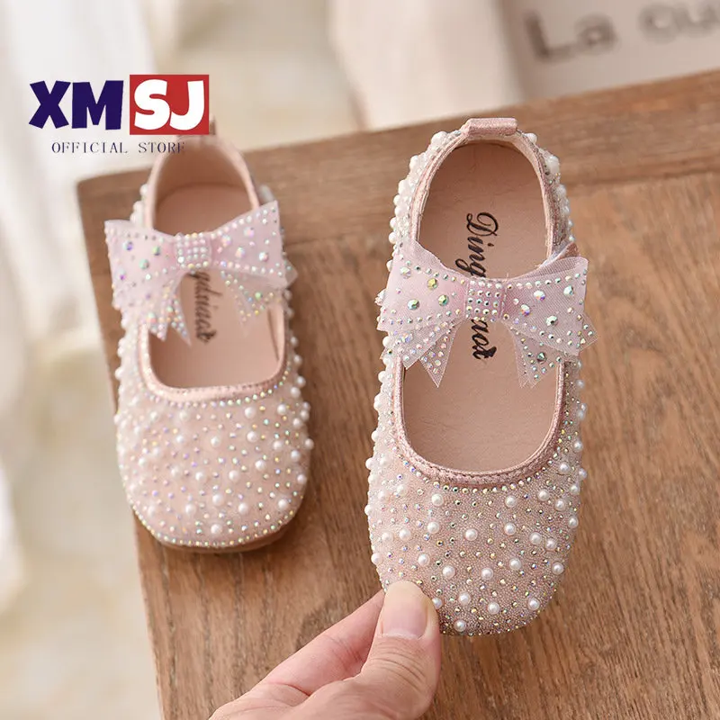 

Girls Single Princess Shoes Pearl Shallow Children's Flat Shoes 2022 New Spring Autumn Kid Baby Bowknot Girls Party Dance Shoes