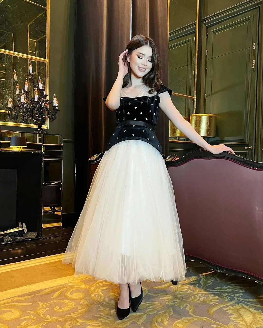 

Santorini Prom Dresses Capped Sleeves فساتين للحفلات الراقصة Contrast Color Ankle Length Tulle Homecoming Party Graduation Gowns