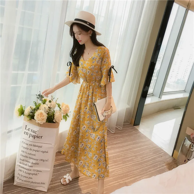 

2022 Women's Dress Floral Skirt Thin Print Chiffon Dress Bow Ruffle Dress Retro Harajuku Fashion Holiday Dress