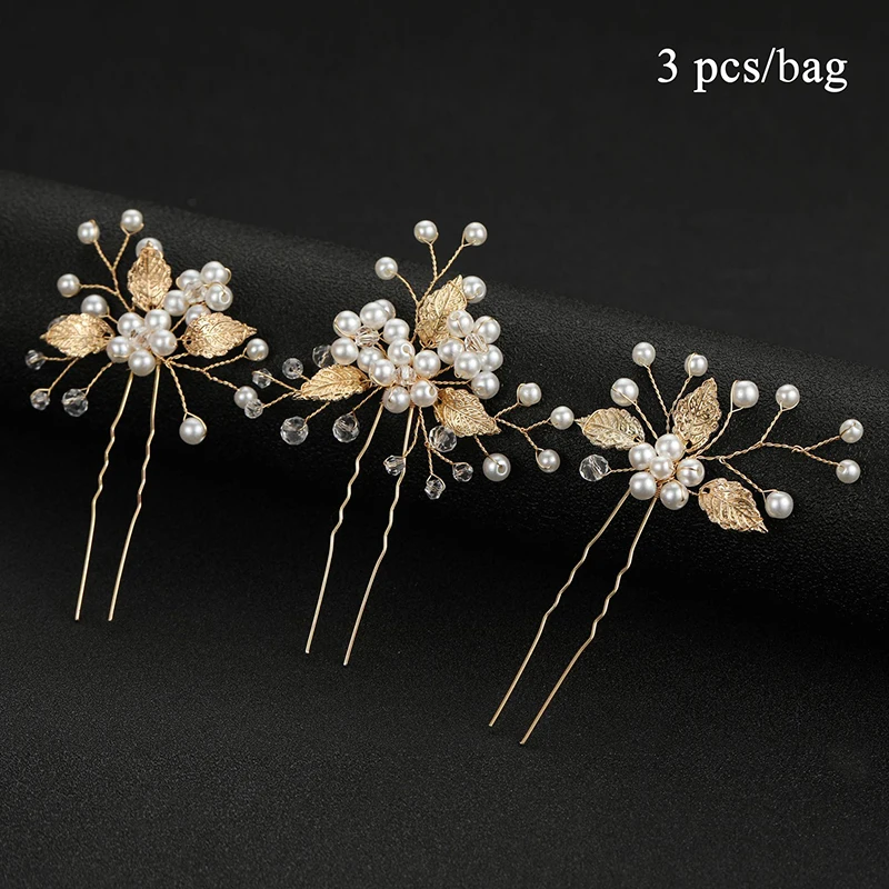

3Pcs/set U-shaped Hair Clips Pearl Rhinestone Hairpins Flower Hair Pins Wedding Party Headpiece Leaves Pearl Hair Forks Chinese