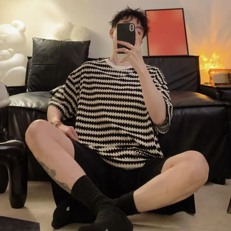 Простые корейские стильные пижамы для пар летние полосатые мужские и женские