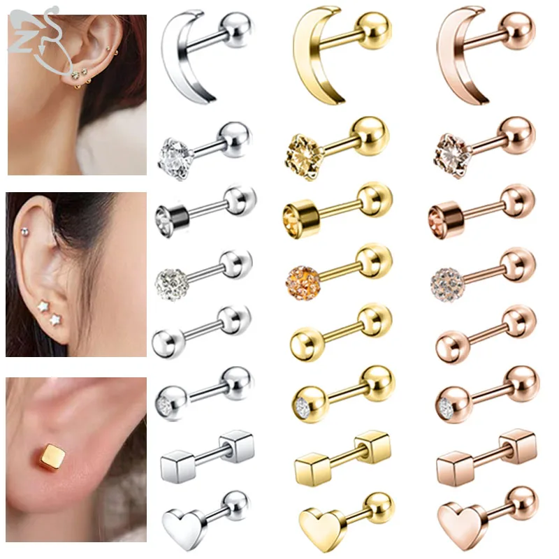 

ZS 1PC 316L Stainless Stee Ear Stud for Women Crystal Moon Heart Stud Earrings Screw Ball Ear Helix Tragus Piercings 18G