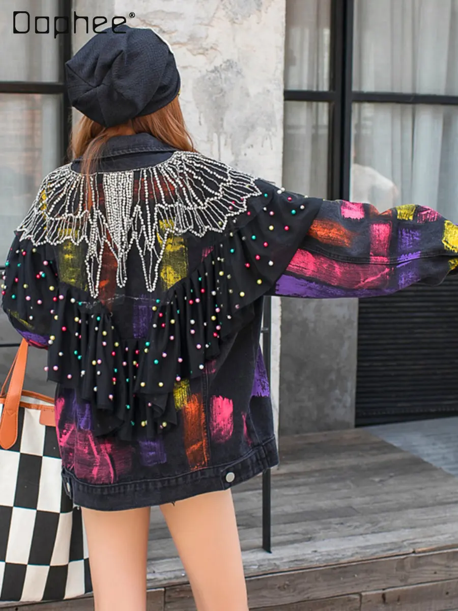 Heavy Industry Beads Lapel Long Sleeve Denim Jacket Women's 2023 Spring and Autumn Stitching Rhinestone Women's Short Jacket Top