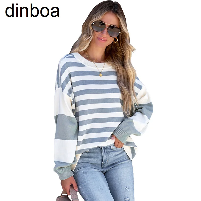 

Dinboa-women's Spring and Autumn New European and American Cotton Bubble Sleeve European and American Round Neck Stripe Long Sl