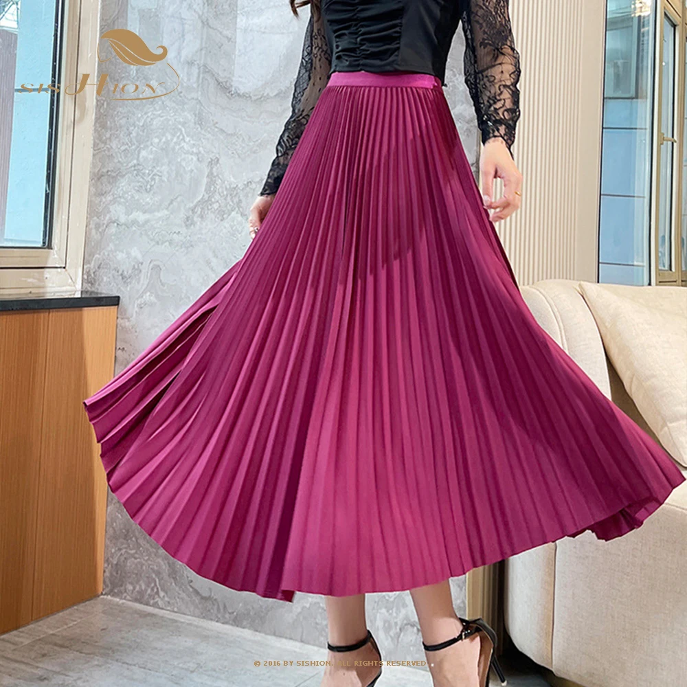 

W2022 Summer Women's Commuting Vertical Solid Color Large Bloom A -Line Long Skirt Fashion High Waist Pleated Skirt VD3076
