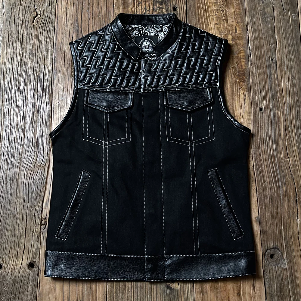 Мотоциклетный жилет Chaotic многослойный из воловьей кожи джинсовый со стоячим