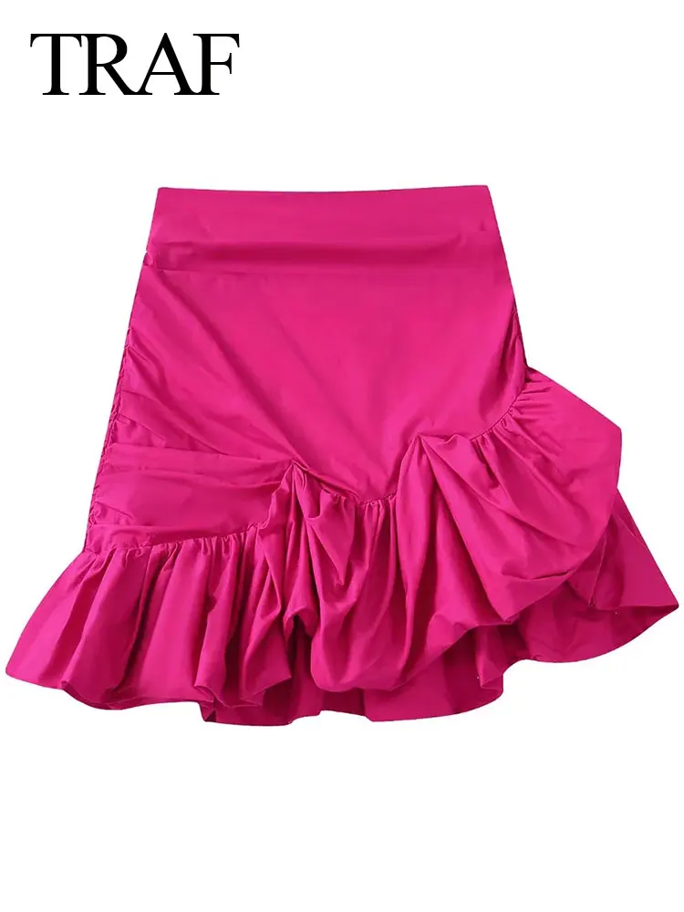 

TRAF 2022 Fashion Elegant Solid Color Rose Red Skirt Slim High Waist Zipper Pleated Fluffy Three-dimensional Female Summer Chic