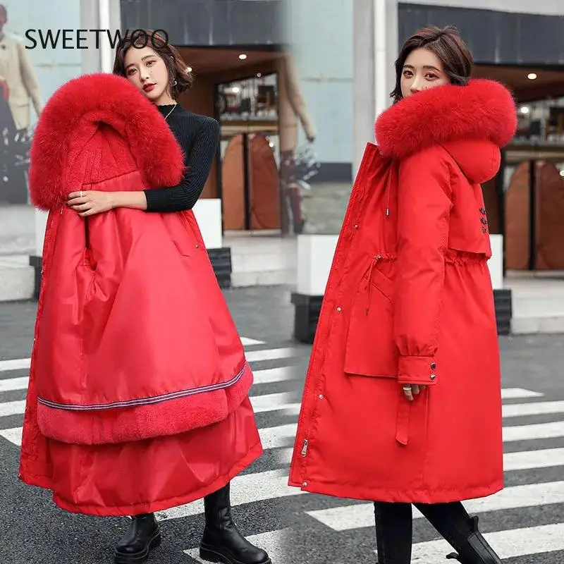 2021 New Women's Parkas Winter Jacket Hooded Long Coat Thick Warm Female Cotton Padded Parka Fur Lining Jackets Coats Outwear
