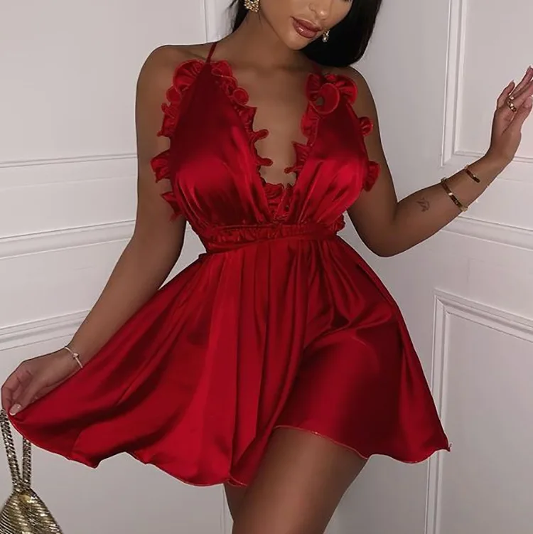 

European and American New Women's Clothes Satin V-neck Ruffled Backless Lace-up Skirt Summer Dress for Women