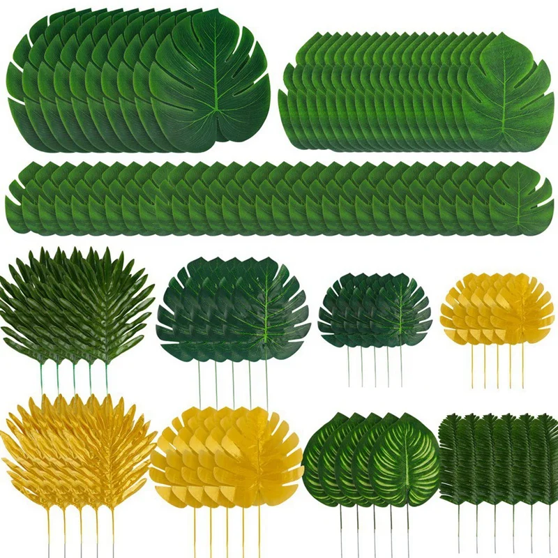 

Practical 95PCS Palm Leaves Golden Tropical Leaves with Stems Fake Leaf Plant for Hawaiian Party Beach Table Leaves Decorations