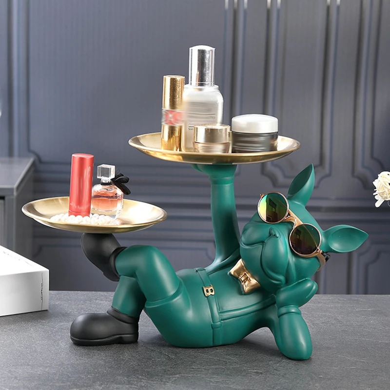 

2 Metal Tray Nordic Resin Bulldog Animal Figurines Dog Statue For Keys Holder Storage Jewelries Animal Tray Home Decor