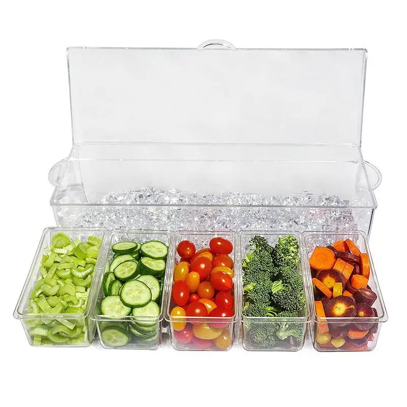 

Transparent Condiment Server On Ice Chilled Caddy With 5 Removable Compartments Chilled Serving Tray Container With Hinged Lid
