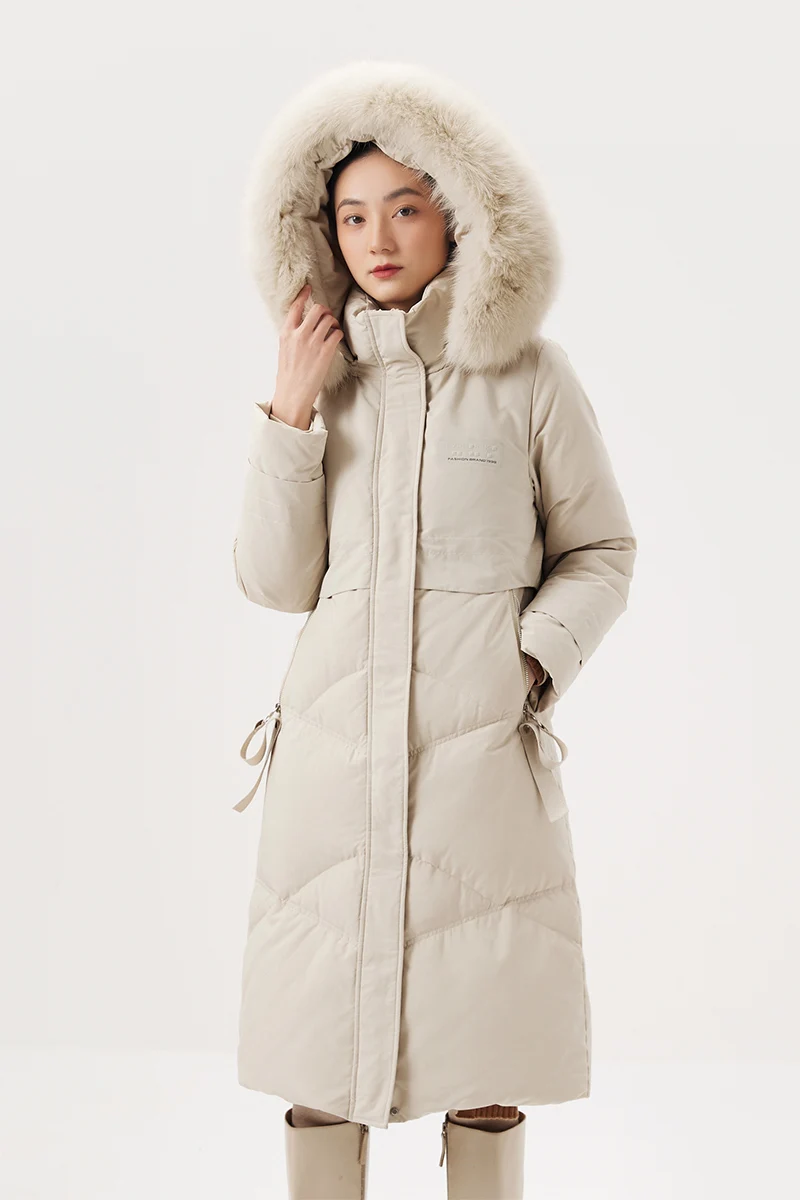 Design Long  White Duck Down 90%  Abrigo Mujer  Women Jacket  Unisex  Winter  Zipper  Slim Fox for Collar and Hat Detachable
