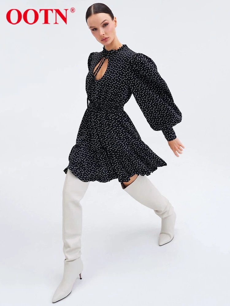 

Женское пляжное мини-платье OOTN, Открытое платье с принтом и воротником-стойкой на шнуровке, Пляжное мини-платье с рукавами-фонариками