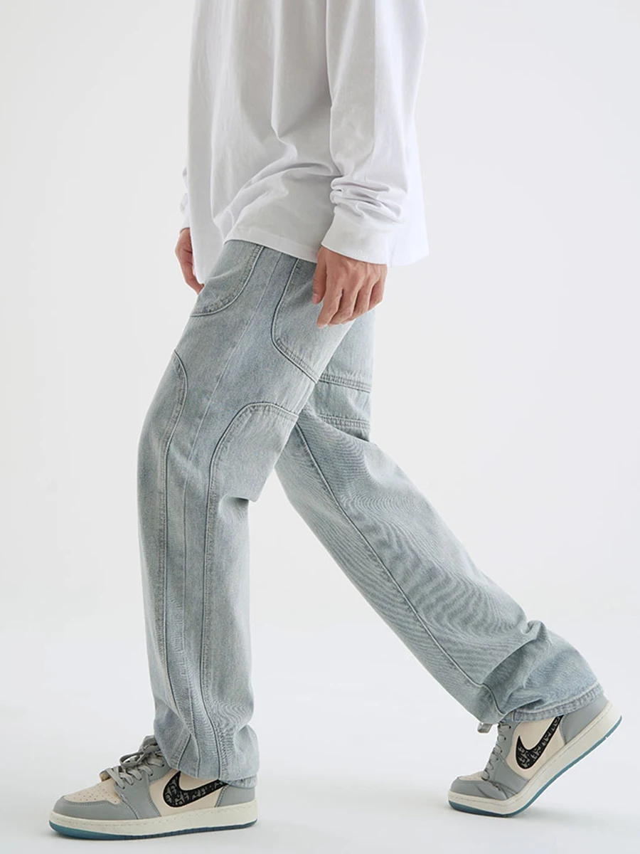 Four Seasons Men's Jeans Pants Trend Retro Straight Wide Leg Blue Jeans Loose Casual Couples High Street Denim Trousers for Men