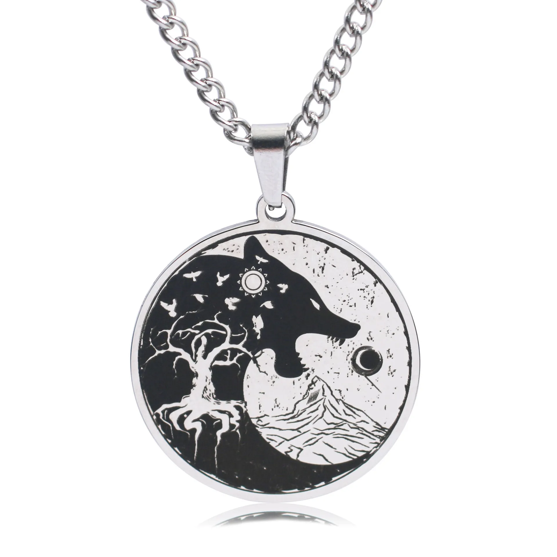 

WANGAIYAO new fashion sun moon Wolf head pendant necklace personality temperament 100 match Wolf head life tree clavicle chain