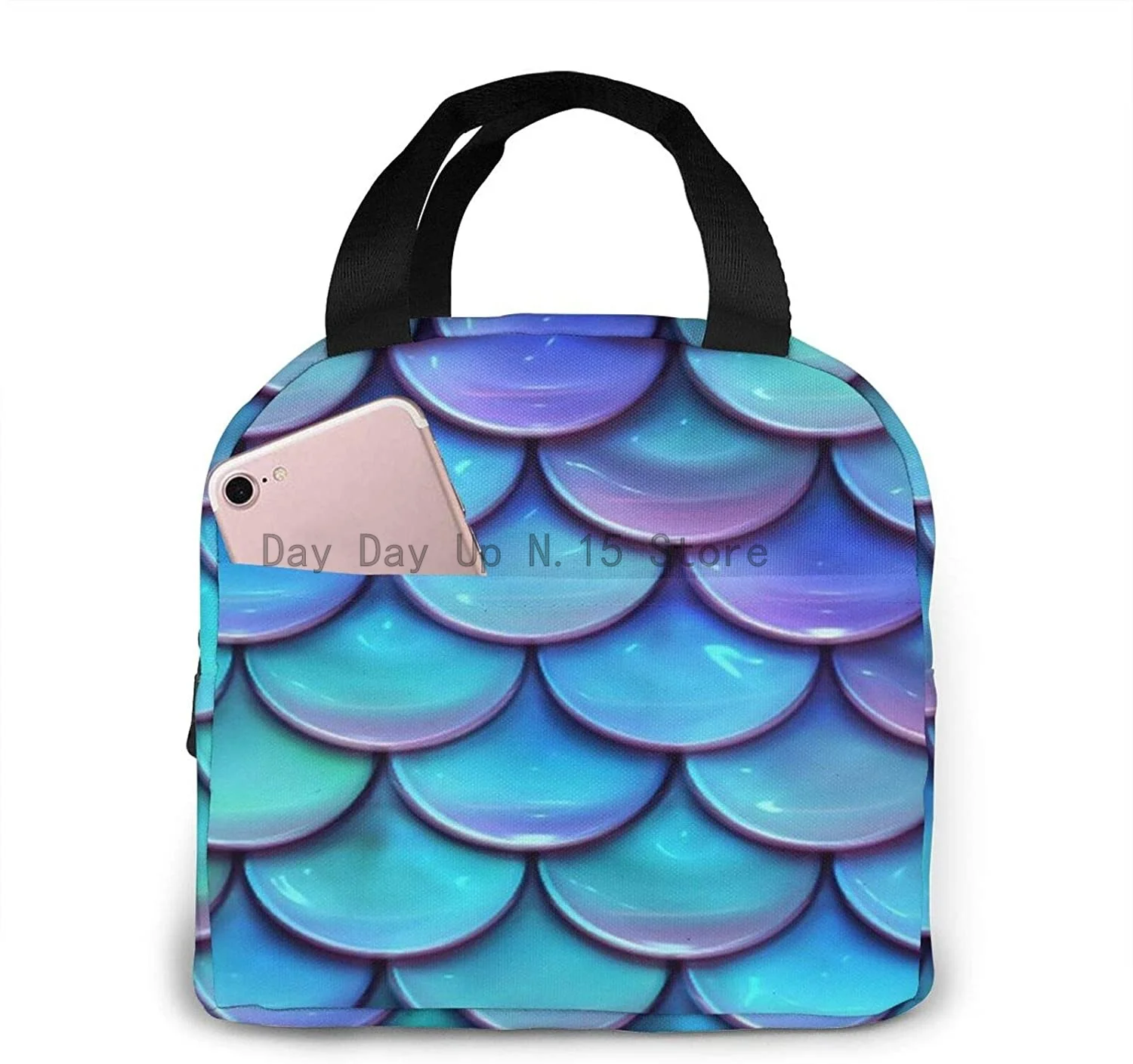 

Storage Bag Teal Gold Mermaid Damask Pattern Portable Insulated Lunch Bag