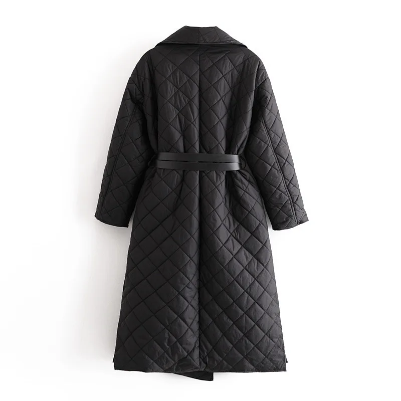 Autumn/winter 2022 Dark Turn-down High-necked Diamond Quilted Cotton Open Side Slit Long Padded Jacket Women's Cotton Jacket