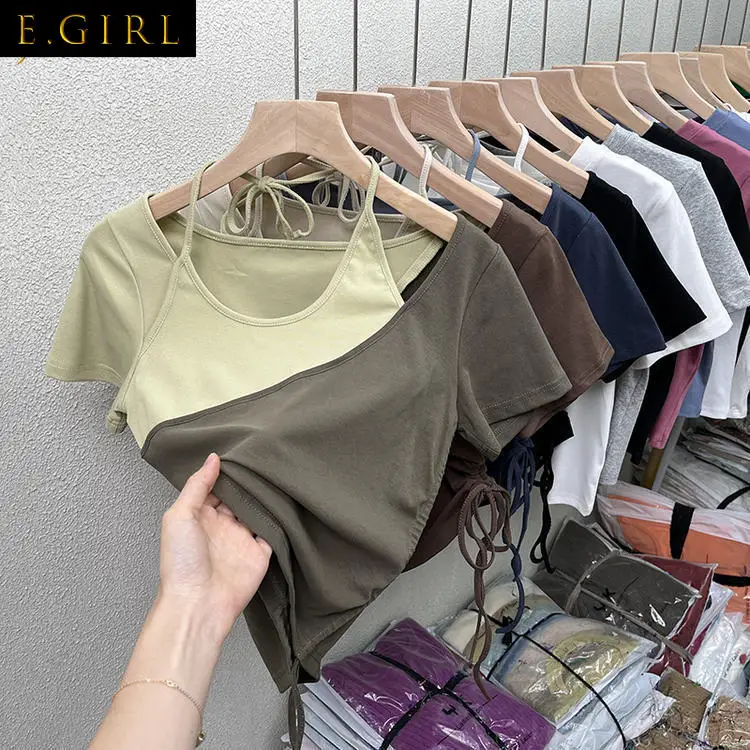 Short Sleeve T-shirts Shirring Elegant Patchwork Summer Slim Sweet Lovely Females All-match Casual Fashion Ulzzang Tops Chic New