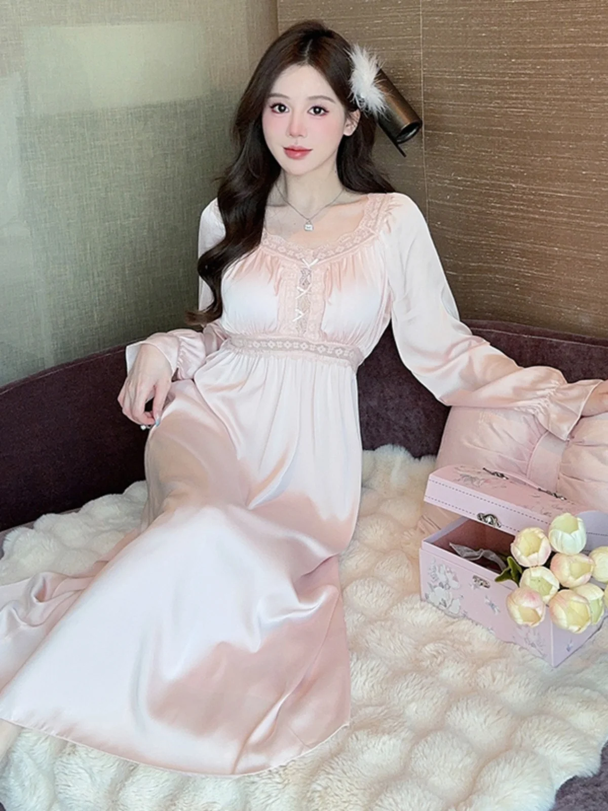 Ночная рубашка Sweet With Chest Pad женская кружевная пижама с длинными рукавами и